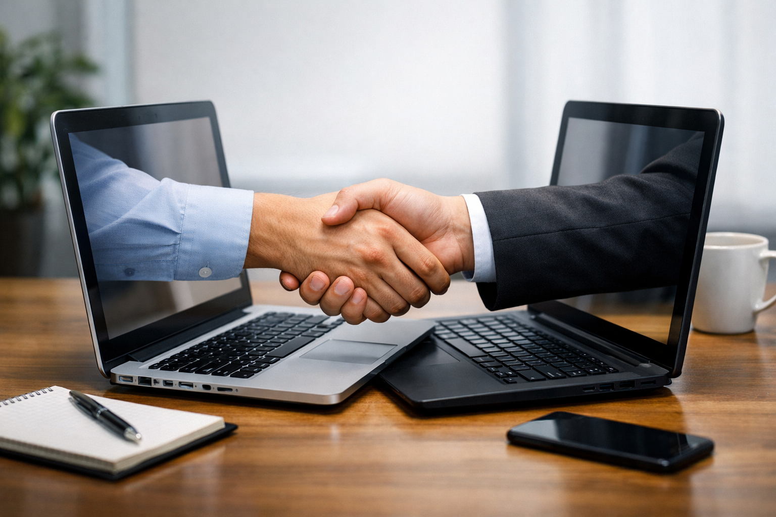People Shaking Hands Through Laptop Screen-2